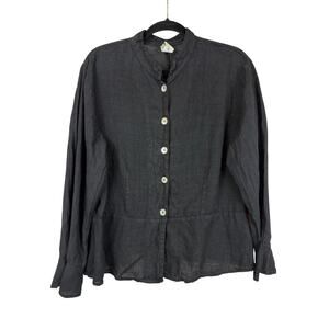 Match Point USA Black Long Sleeve Flare Cuffs Button Up Linen Top XL